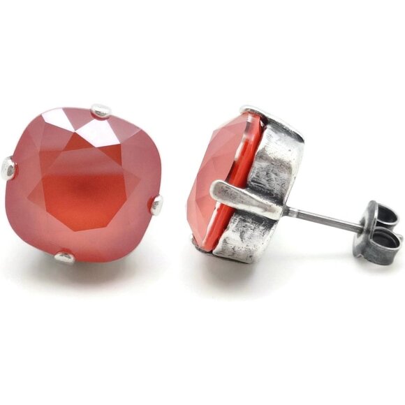 Catherine Popesco 12mm Light Coral Cushion Cut Crystal Silver Post Earrings NEW - Picture 1 of 2